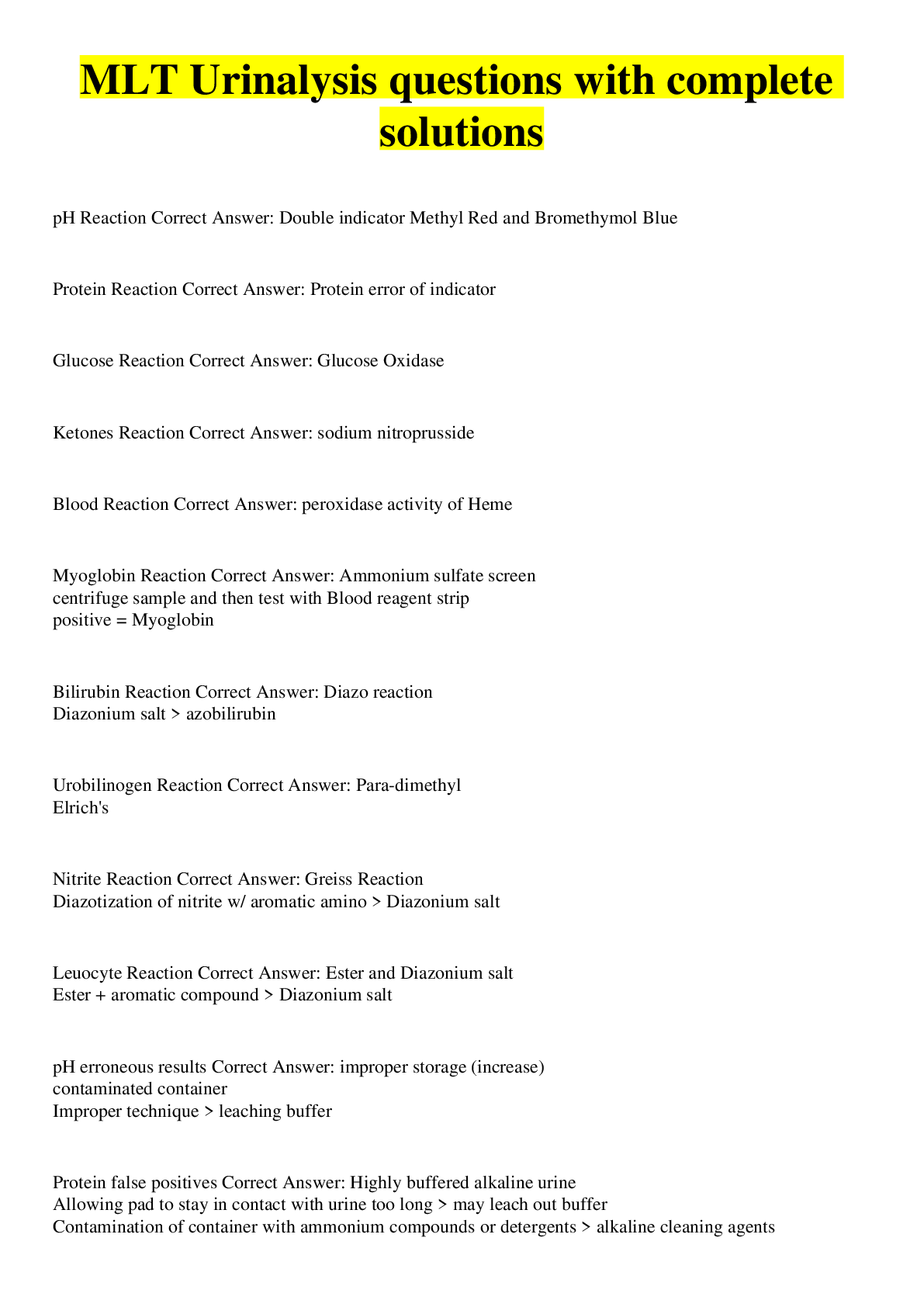 Preview image for MLT Urinalysis questions with complete solutions